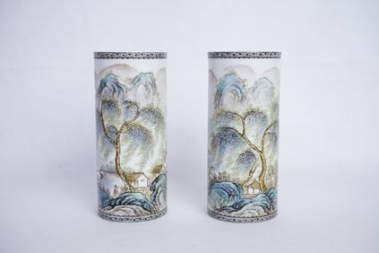 Lot of 2 Chinese 'Landscape' Porcelain Brush Pots,20th Century