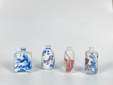 Four Chinese Blue, White and Copper-Red Snuff Bottles  19th-20th Century