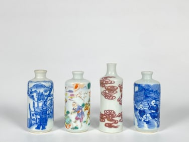 Four Chinese Blue White , Famille Rose and Copper-Red Snuff Bottles
