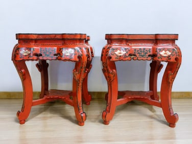 Pair of Chinese Red Lacquered  Table/ Stool with Flowers and Birds Decoration