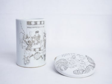 Two Chinese Republic Period Carved Porcelain Scholar's Objects