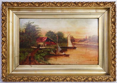 Oil Painting of Ships Docked in Village Wharf