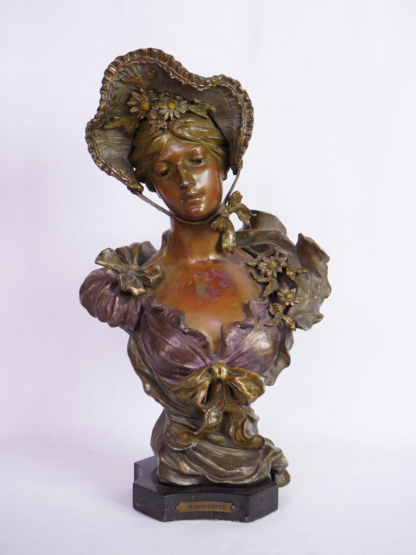 Art Nouveau French White Metal Sculpture "Marguerite" Bust: Approximate size: 4" Width 6 1/2" Depth 16" H Shipping: We offer in-house shipping services for most small items. This means that we will take care of packing and shipping the items directly to you. F