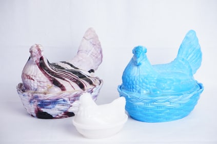 Lot of 3 Vintage Slag Glass Hen on Nest Covered Dishes