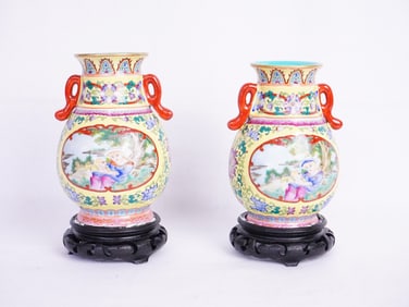 Lot of 2 Chinese Vases with Wood Stands