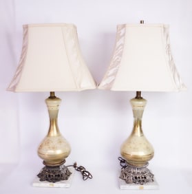 Pair of Vintage Metal and Glass Hand Painted Vase Lamps