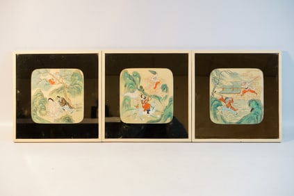 "Journey To The West" Three Chinese Silk Paintings with Mirror Frames