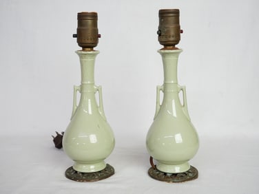 Pair of Chinese Celadon-Glazed Vase Lamps