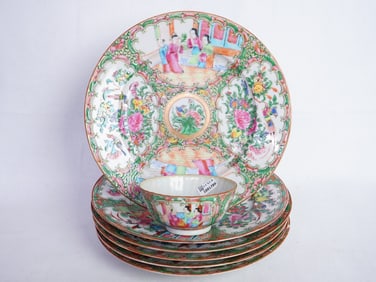 Group of 7 Chinese Export Rose Medallion Porcelain Wares