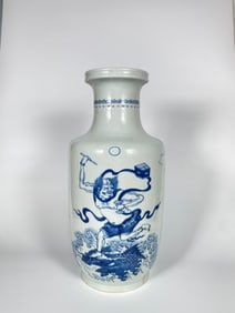 Chinese Blue and White 'Mythical Figures' Rouleau Vase