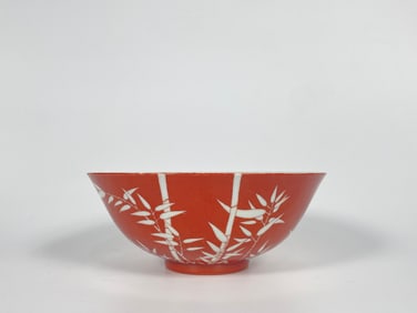 Coral-Ground Reserve-Decorated 'Bamboo' Bowl, Seal Marks Tongzhi