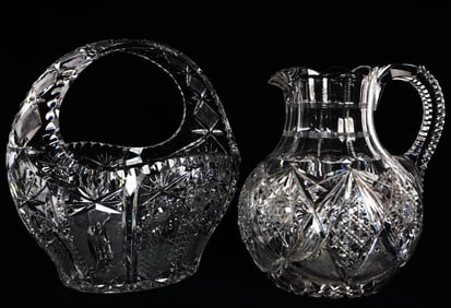 Vintage Cut Crystal Glass Basket and Pitcher
