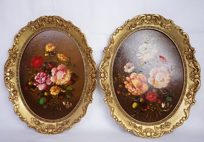 Pair of Vintage Italian Style Artist-Signed Oil Paintings on Board, Still Life of Flowers