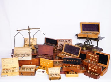 Group of Vintage Scales and Weights with Wood Boxes