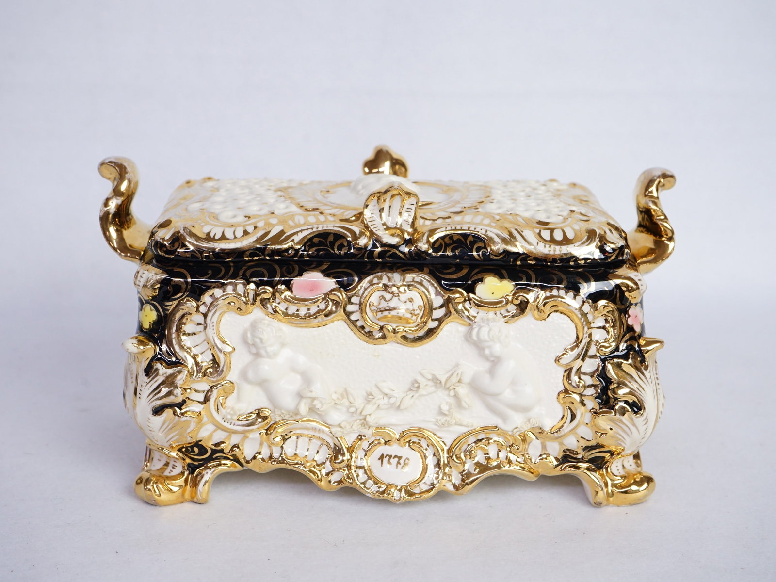 Italian Rococo Hand-Painted Rectangular Porcelain Covered Box (1 of 8)