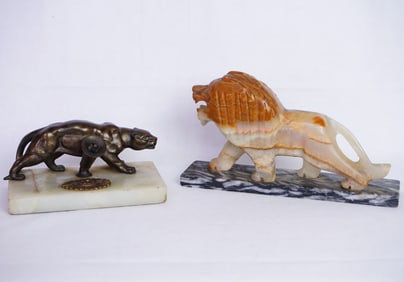 A Carved Stone Lion Statue and A Art Deco Metal Panther Pen Holder