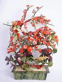 Large Chinese Carved Jade Bonsai Flower Tree