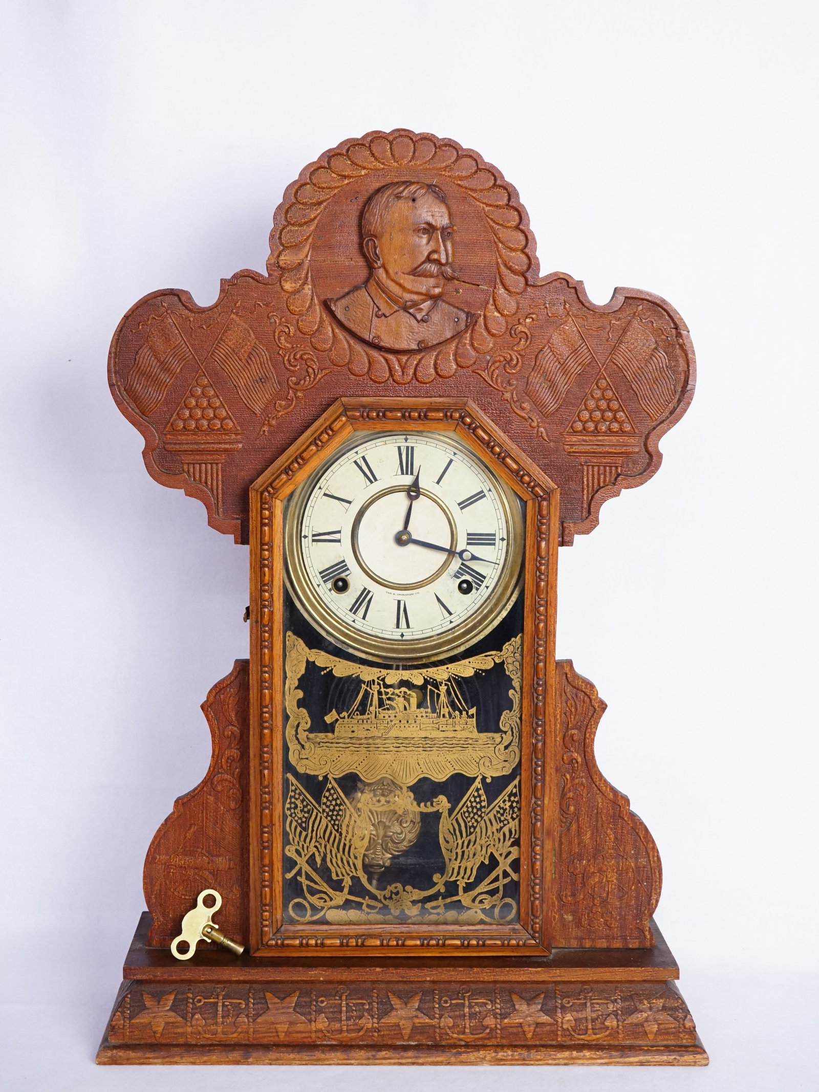 E. Ingraham Spanish American War Commemorative Oak Clock,Ca 1900 (Working) (1 of 7)