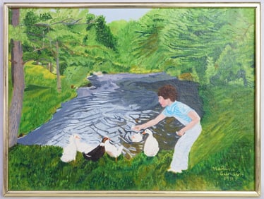 Vintage Artist Signed Oil on Canvas,Lisa Feeding The Ducks