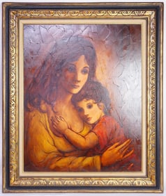 Vintage Artist Signed Oil on Canvas,Mother and Baby