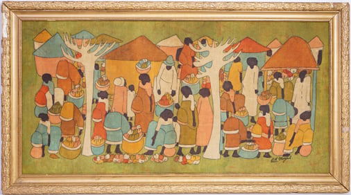 Vintage Artist Signed African Batik Painting
