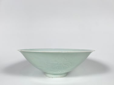 Chinese Large Carved Celadon-Glazed Bowl