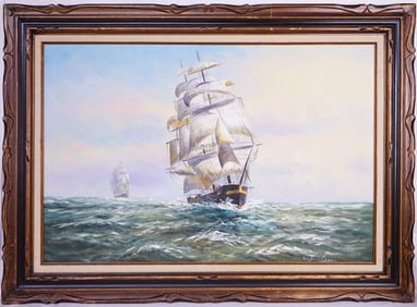 Artist Signed Oil on Canvas,Two Sailing Ships on A Turbulent Sea