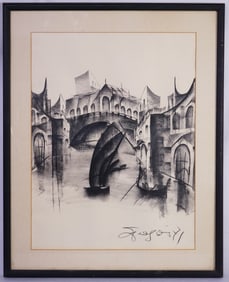 Vintage Artist Signed Italian Art Charcoal and Pastel Painting