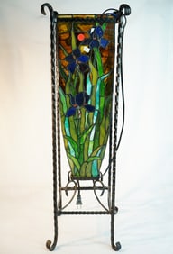 Wrought Iron Iris Motif Stained Glass Lamp