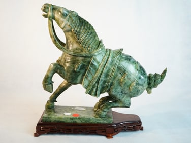 Large Chinese Carved Spinach Jade Stone Sculpture of Horse Statue