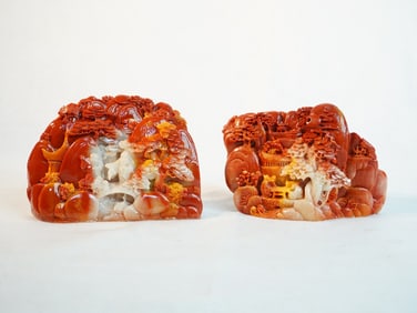 Lot of 2 Chinese Carved Soapstone Relief's of Landscapes