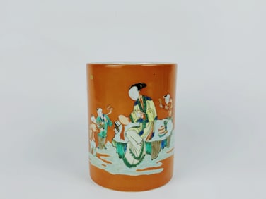 A Orange Ground Famille-Verte 'Figural' Brushpot, Qing Dynasty