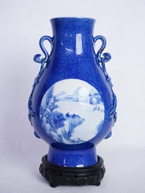 Chinese Blue and White on Powder Blue Ground Hu Vase with Wood Stand,Qing Dynasty