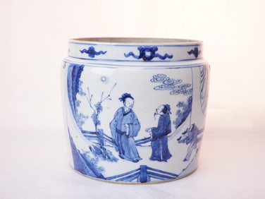 Chinese Blue and White 'Figural' Porcelain Jar,Qing Dynasty,Kangxi Period