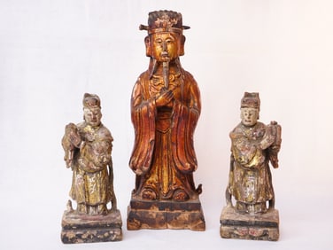 Lot of Three Chinese Gilt and Painted Wood Statues,18th-19th Century