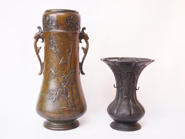 Japanese Bronze Relief Slender Handled Vases