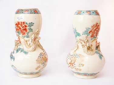 Pair Fine Japanese Satsuma Vase with Goshu Blue Enamle