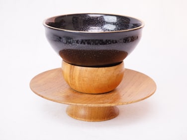 Chinese Oil Spot Porcelain Tea Bowl with Wood Stand