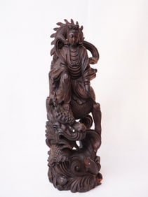 Chinese Carved Wood Kuanyin Riding Dragon Statue, 19th Century