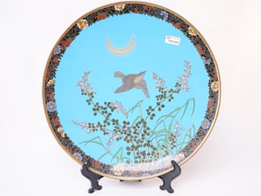 Japanese Cloisonne Charger with A Blue Background Decorated with Floral Motifs