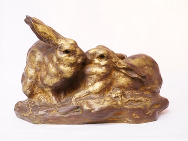 A Japanese Bronze Model of Two Hares, Signed