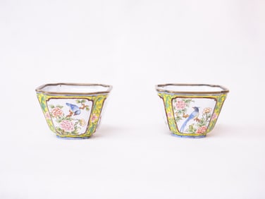 A Pair of Chinese Painted Enamel Suqare Cups