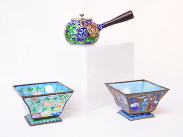 Chinese Cloisonne Planters and Japanese Sliver Teapot, 19th-20th Century