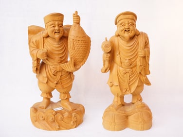 Japanese Wood Carved Daikokuten Statues