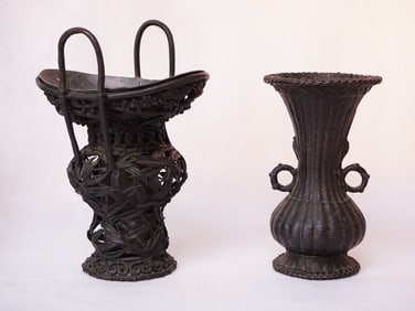 Two Japanese Bamboo Bronze Basket Vases, Meiji Period