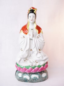 Chinese Export Famille Rose Porcelain Guanyin Statue, 1953