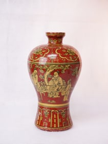 Chinese Ming Famille Rose Red-Ground Meiping Vase