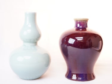Chinese Flambe Glazed and Celadon Glazed Gourd Vases