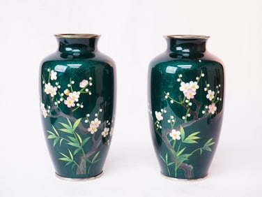 Pair of Japanese Green Ginbari Cloisonne Enamel Vases