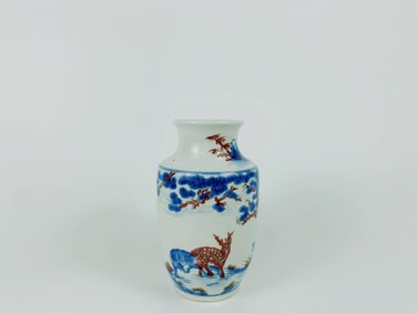 A Chinese Blue and White and Copper Red 'Deer' Vase,Qing Dynasty